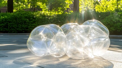 Transparent water bladders partially filled with light shining outdoors on a textured surface