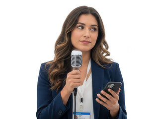 Professional woman speaks into a vintage microphone while checking her mobile phone
