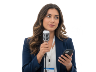 Professional woman speaks into a vintage microphone while checking her mobile phone