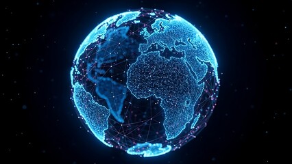 Digital glowing blue earth globe made of interconnected data points and lines, representing global network, technology, and connectivity in dark space background