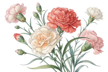 Watercolor-style illustration of a pink carnation on a transparent background. Paint. Mother's Day. Pre-cut.