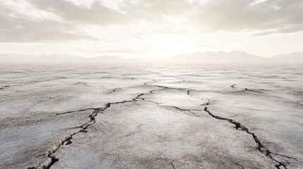 Vast cracked earth landscape under a hazy sky with subtle light and muted tones showcasing intricate natural patterns