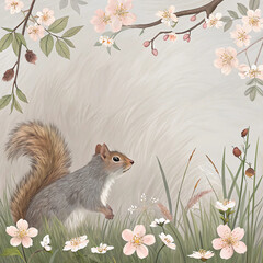 Modern Spring Background Inspired by Squirrel Fur with Wildflower Frame
