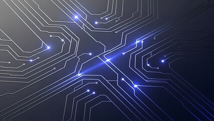 Abstract digital circuit board technology background with glowing blue lights and data flow lines