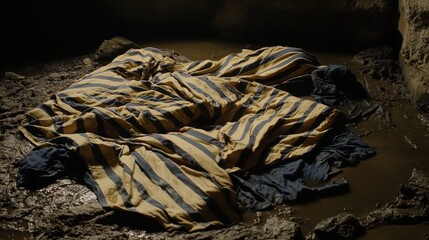 Waterlogged blankets and bedding strewn across a muddy ground with dark shadows and contrasting stripes