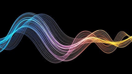 Abstract glowing digital wave of colorful particles forming a dynamic sound or data flow visualization against a black background