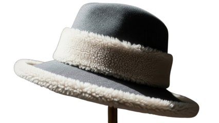 Grey Wool Felt Hat with Cream Sherpa Trim Product Shot Isolated on White Background