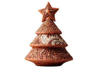 ceramic cone tree matte terracotta with carved motifs and clay star topper, minimal rustic styling, white background