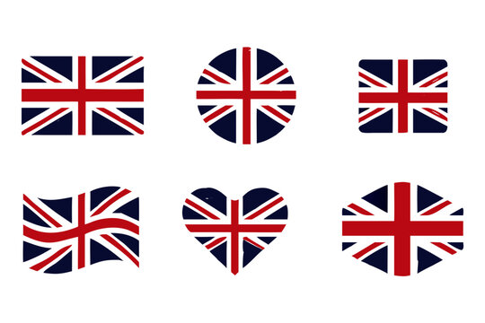 United Kingdom flag set in grunge style, oval, circular and heart shape. vector icon Illustration