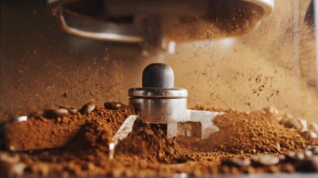Dramatic slow motion capture of roasted coffee beans rapidly shattering into fine particles inside the powerful commercial grinder rapidly shattering, dust, capture