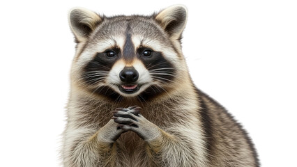 Obraz premium Cute Raccoon with Paws Together on White Background, Front View