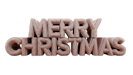 3D Merry Christmas Text with Wooden Texture on White Background
