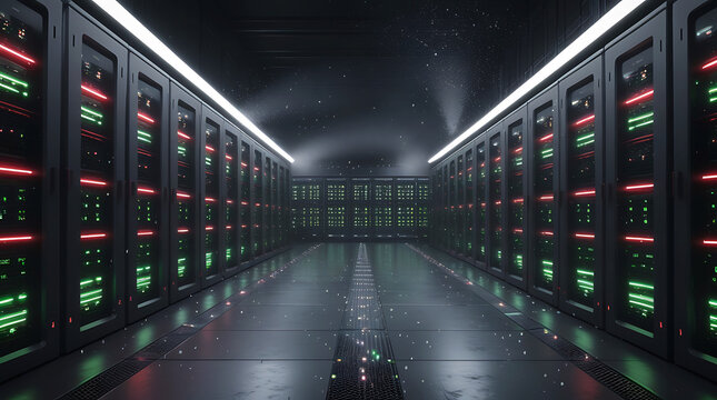 Data center corridor with server racks - Powered by Adobe