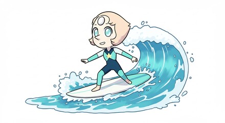 白い背景に明るい色彩で描かれたキュートなアニメ調のキャラクターが笑顔でエメラルドグリーンのきらめく波を巧みに乗りこなし爽快にサーフィンを楽しむ躍動感あふれるイラスト. AI Generated