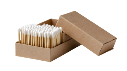 Eco-friendly cotton swabs with wooden sticks in an open cardboard box on black…