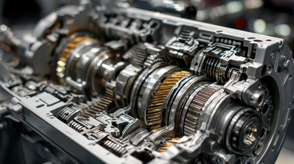 Naklejka premium Internal Mechanism of Modern Car Automatic Transmission Gearbox with Gears and Shafts