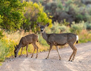 Two deer stand on a dirt path in nature, one looking at the camera, sunlight filtering through