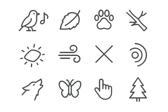 Forest Sound Icons. Winter wildlife in snow &ndash; Forest Sounds. Line outline icon set of Forest Sounds: bird call