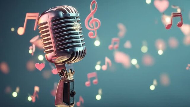 A vintage microphone stands prominently against a soft-focus background filled with floating musical notes and hearts, creating a whimsical atmosphere perfect for music-themed projects