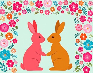 Obraz premium Two cartoon rabbits hold paws, surrounded by a floral arch on a light green background