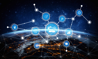 This image features a futuristic global network visualization highlighting digital icons that represent technology, data flow, and connectivity over a starry background. Tessel