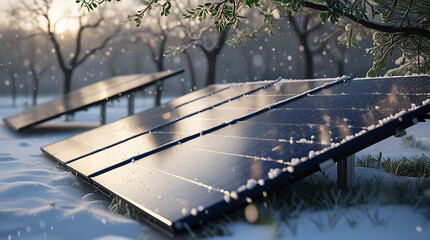 Solar panels in winter landscape
