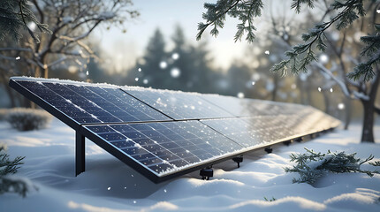 Solar panel in snowy forest