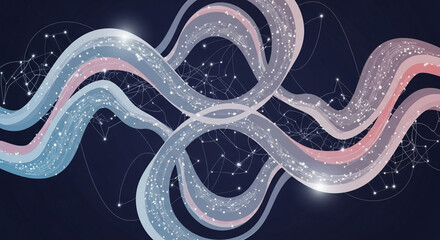 Abstract Luminous DNA Helix Waves - Intertwined Digital Ribbons with Glowing Particles  Network.