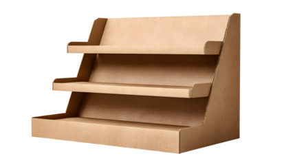 Cardboard retail display stand counter top unit with three shelves for product showcase on white background