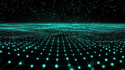 Intricate network of glowing teal fiber optic cables forming an abstract digital landscape
