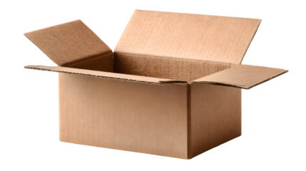 An open cardboard shipping box with a tear strip opener on a white background, empty and ready for packing or shipping