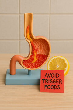 Digestive health concept with stomach model showing painful GERD and acid reflux. red note advises to avoid trigger foods like citrus for heartburn prevention and stomach care