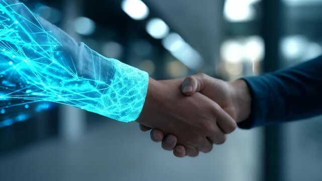 Business handshake between two people, with one hand digitally enhanced to represent artificial intelligence and technology integration. Modern partnership and innovation concept