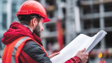 Engineer on construction site wearing hard hat and safety vest, checking building plans