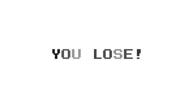 You Lose Text Animation on White Background, Retro Video Game Defeat Screen