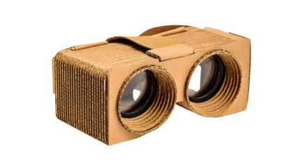 Brown cardboard virtual reality viewer folded vr headset with two lenses for smartphone, diy home made cardboard goggles on white background