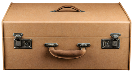 Brown cardboard suitcase box with metal latches and leather handle on top isolated on white background for travel or storage needs