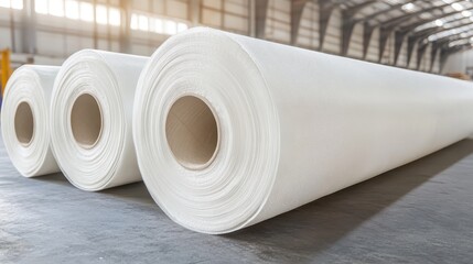 Large white industrial material rolls coiled and stacked in a clean warehouse interior under overhead lighting