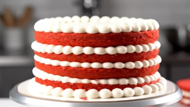 Delicious red velvet cake decorated with whipped cream frosting, beautifully layered on a silver cake stand