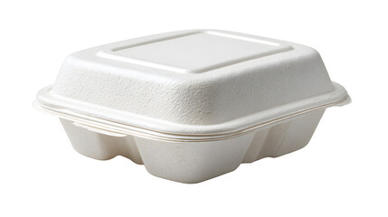 White clamshell takeaway food container made of styrofoam with rectangular shape and lid on pure white background