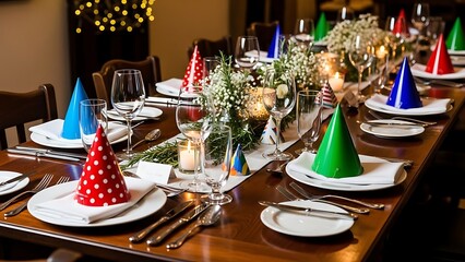 A beautifully decorated table set for a festive celebration or special occasion, complete with party hats and candles, ready for guests to enjoy a meal together