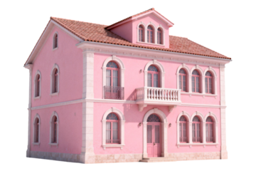 A Pink Two - Story Residential Building with Balcony