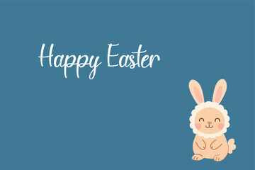 A cheerful Easter greeting card featuring the text Happy Easter and an adorable bunny on a blue background. Perfect for springtime holiday wishes.