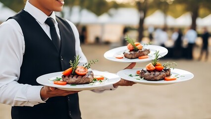 Professional waiter meticulously serving three plates of gourmet steak dishes at an elegant outdoor catering event, highlighting exceptional hospitality and fine dining experience