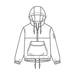 Flat sketch of a hooded pullover anorak jacket with a large front pocket © Designer Arjun