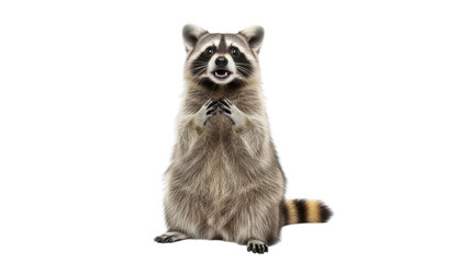 Obraz premium Cute Raccoon Standing on Hind Legs with Paws Together Isolated on White Background