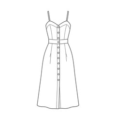 Outline drawing of a fashionable women's button-front midi dress with spaghetti straps