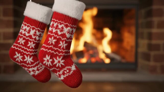 Knitted Christmas Socks Hanging by Warm Fireplace
