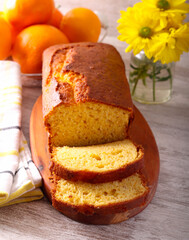 orange cake, sliced and served