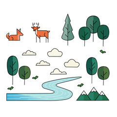 Forest animals and nature elements with river, trees, mountains, clouds, and birds in simple flat style illustration